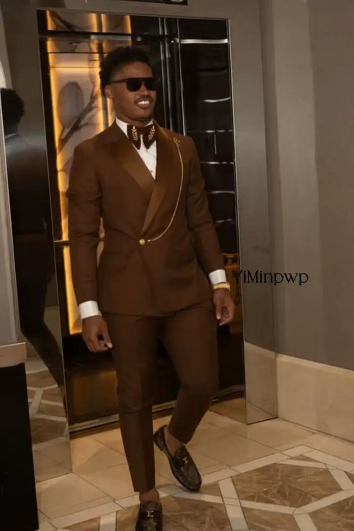 Costume Homme 2 Pièces Marron avec Revers Châle