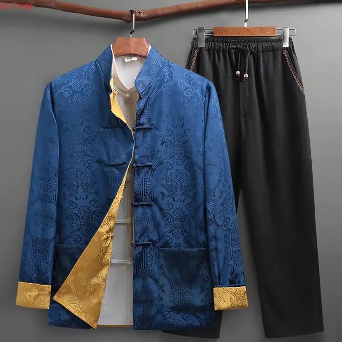 Costume deux pièces bleu pour homme de style chinois : Veste jacquard rouge à col montant et à simple boutonnage