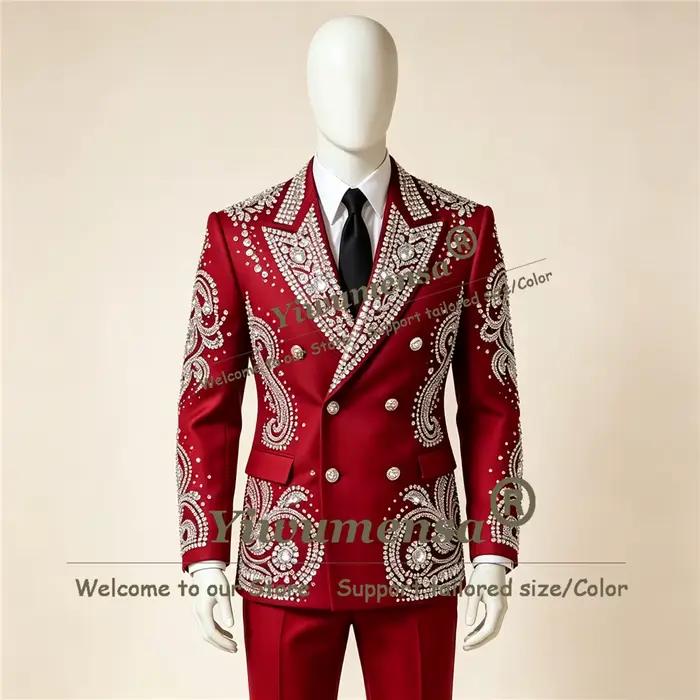 Costume de mariage attrayant pour hommes, veste et pantalon avec perles et strass, 2 pièces, smoking de marié personnalisé, Terno Masculinos Completo