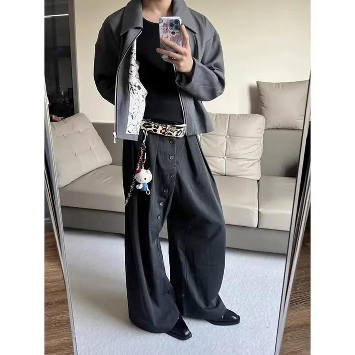 Automne hommes couleur unie asymétrique bouton costume pantalon américain Vintage années 2000 mode tendance décontracté