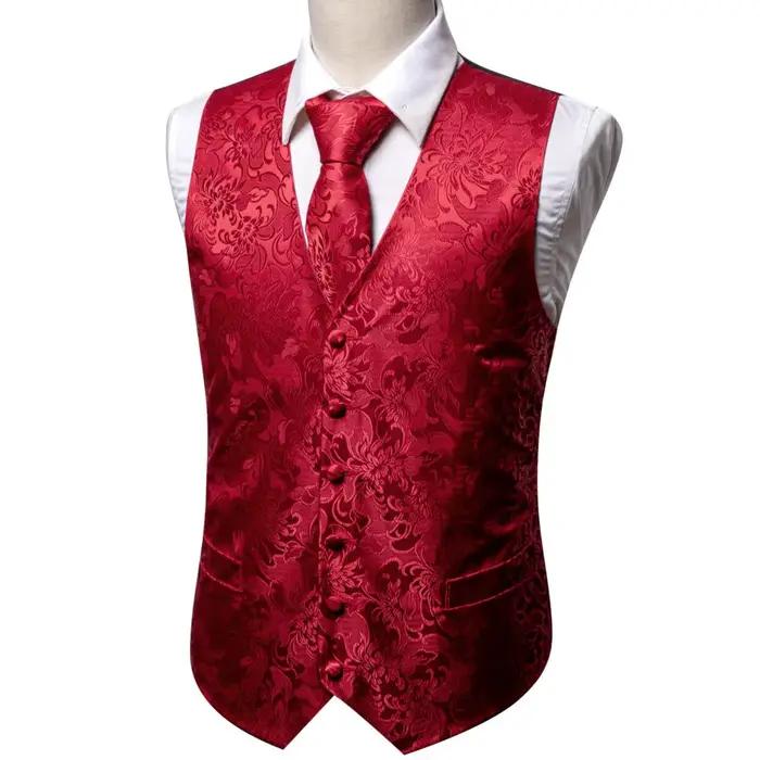 Gilet de Costume Élégant pour Homme Brodé Rouge Bourgogne Motif Paisley Fleur Ensemble