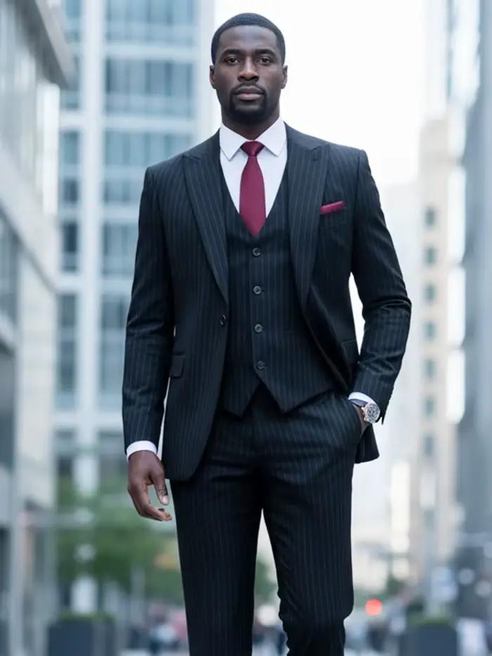 Ensemble 3 pièces (veste + gilet + pantalon) costume rayé noir coupe ajustée luxueux et élégant