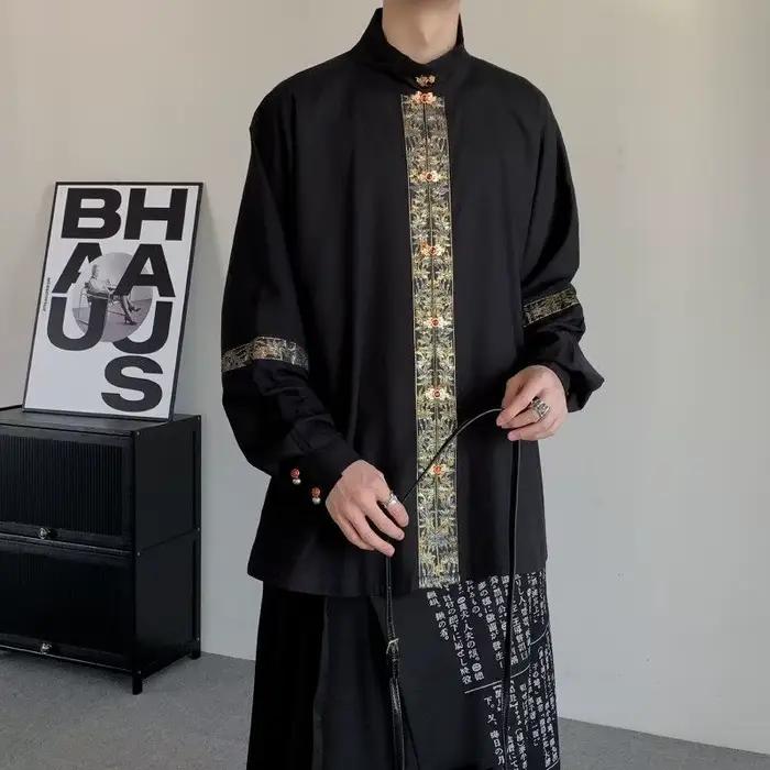 Chemise noire classique pour hommes col carré style décontracté polyesters drap fin pour printemps automne et occasions spéciales