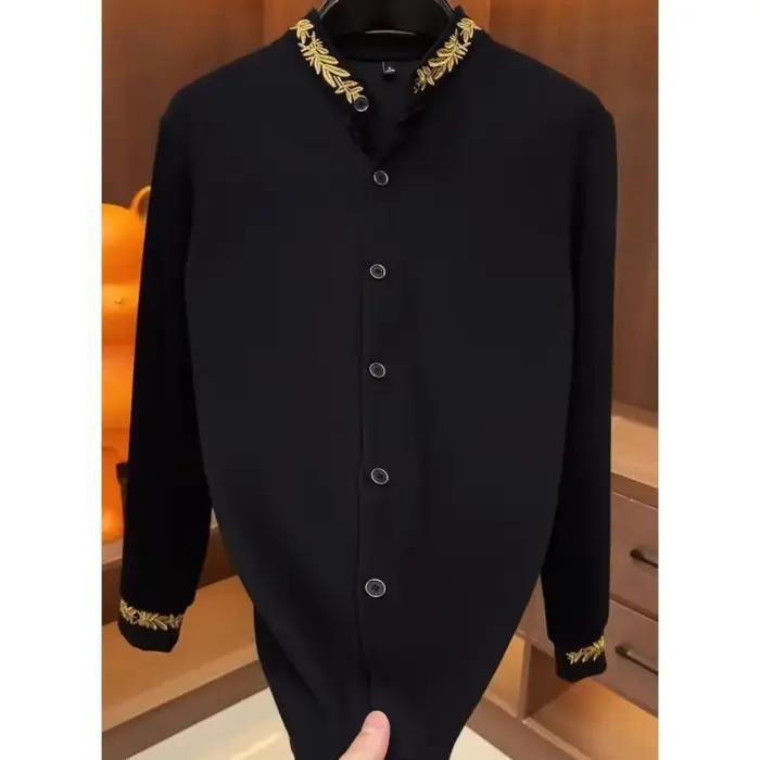 Chemise noire à manches longues et col Mandarin pour hommes broderie dorée coupe cintrée haut tendance décontracté automne bureau