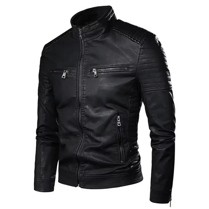Veste en cuir pour hommes à la mode coupe ajustée col montant