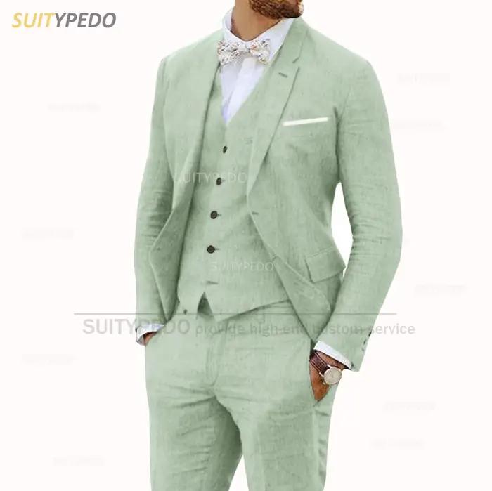 Costume en lin 3 pièces pour homme, coupe ajustée et décontractée, veste, gilet et pantalon classiques, idéal pour bal, mariage, affaires et smoking, adapté à toutes les saisons