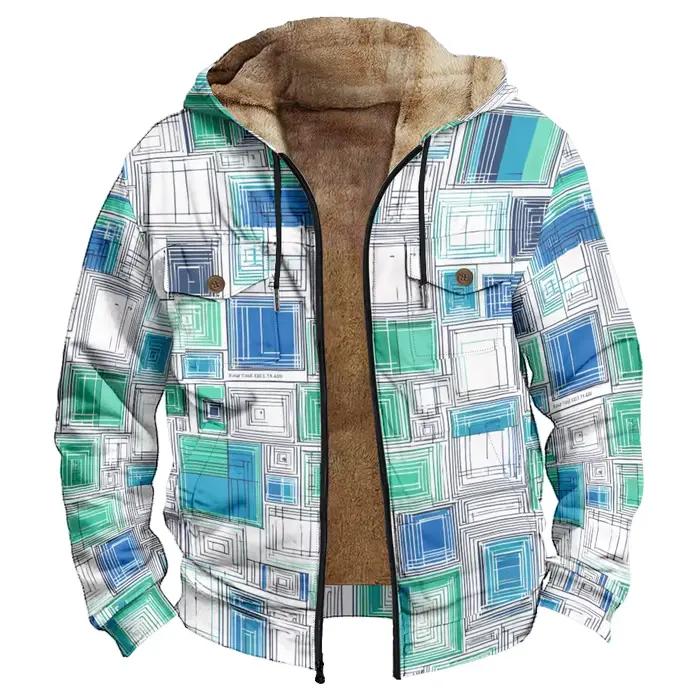 Hommes hiver géométrique feuille de palmier à pois vestes à capuche manteaux imprimer peluche épais chasse fermier Streetwear vêtements d'extérieur à la mode