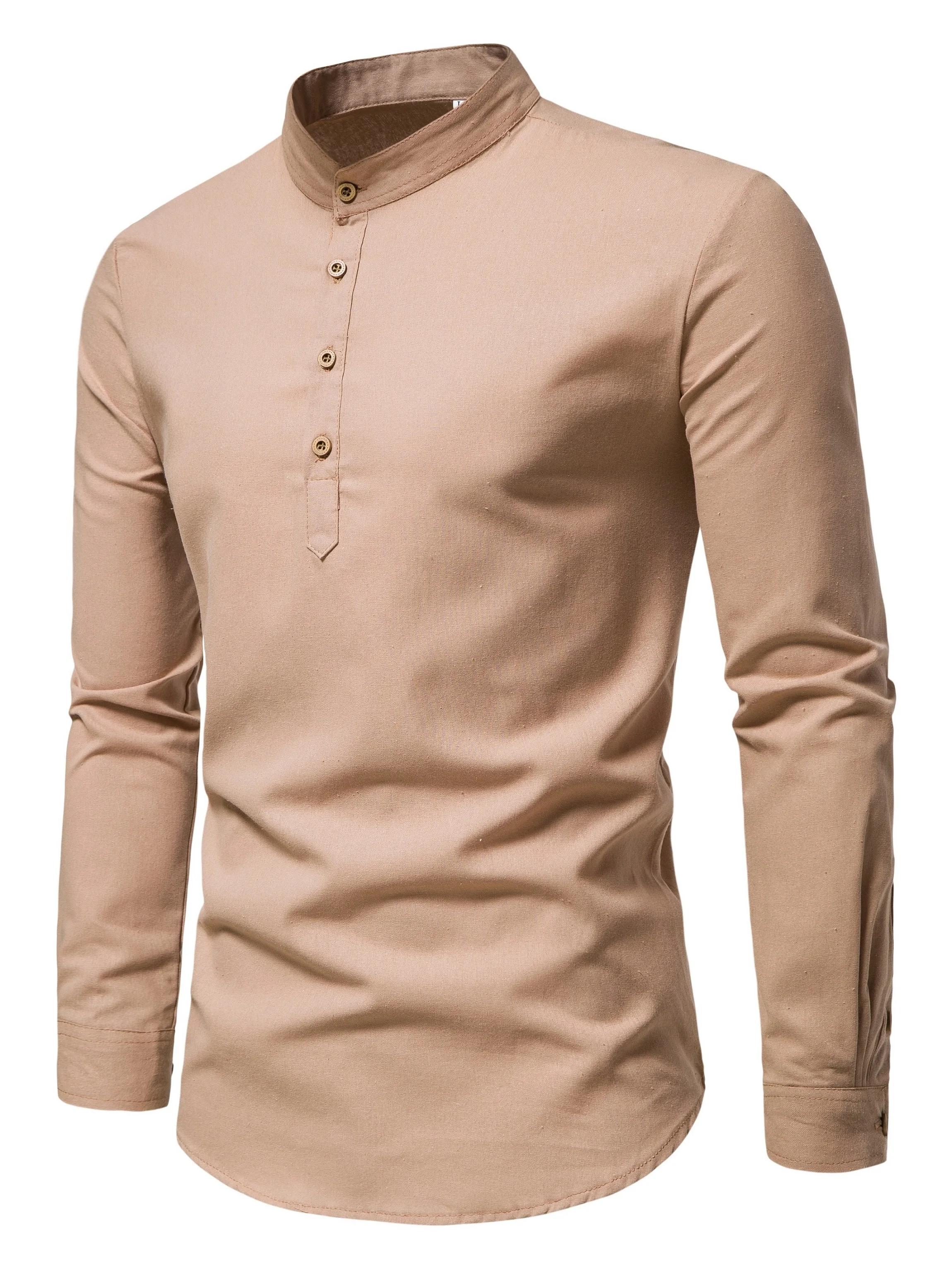 Chemises de couleur unie en pur coton pour hommes, chemises élégantes à manches longues et col monta
