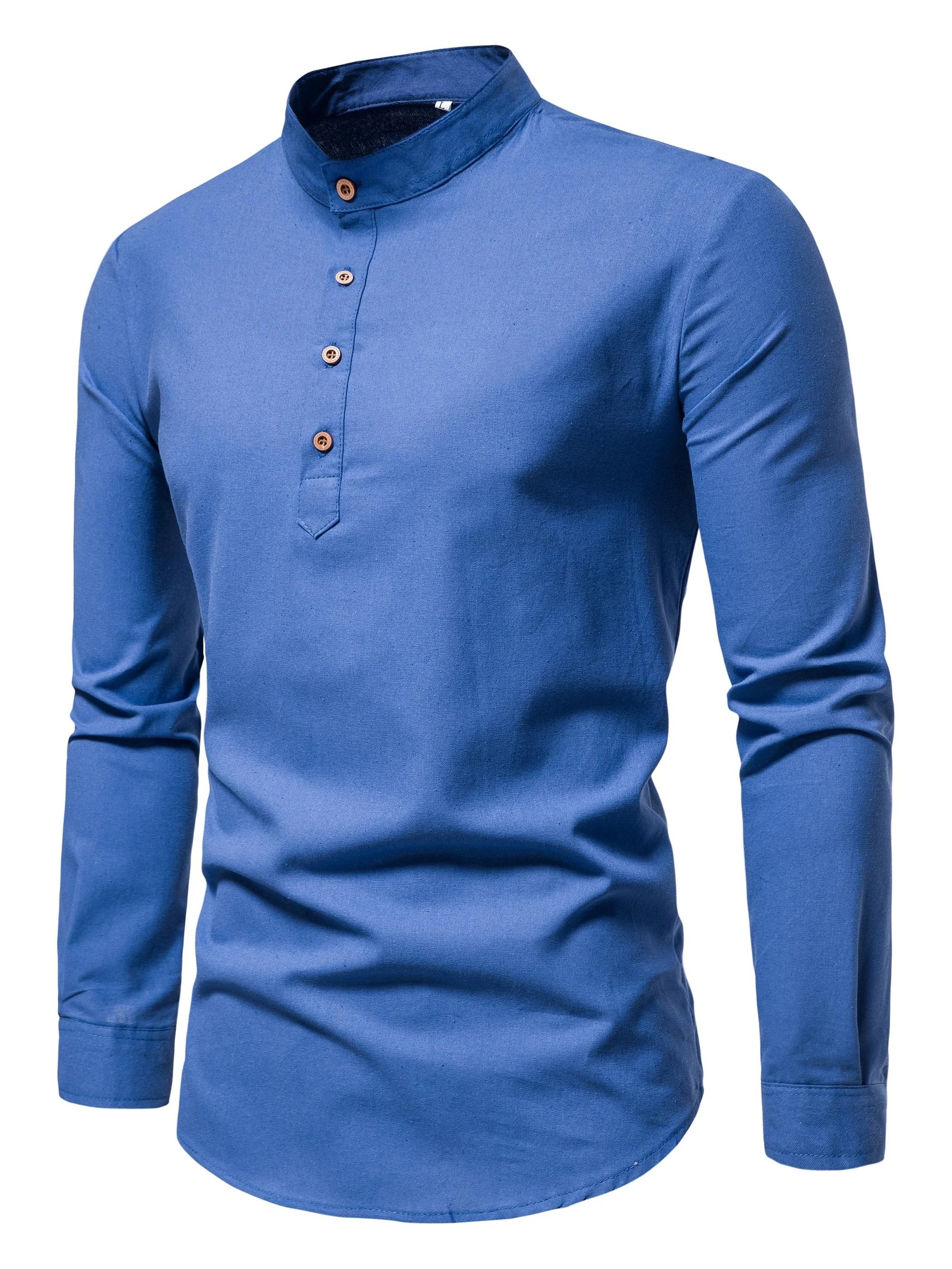 Chemises de couleur unie en pur coton pour hommes, chemises élégantes à manches longues et col monta