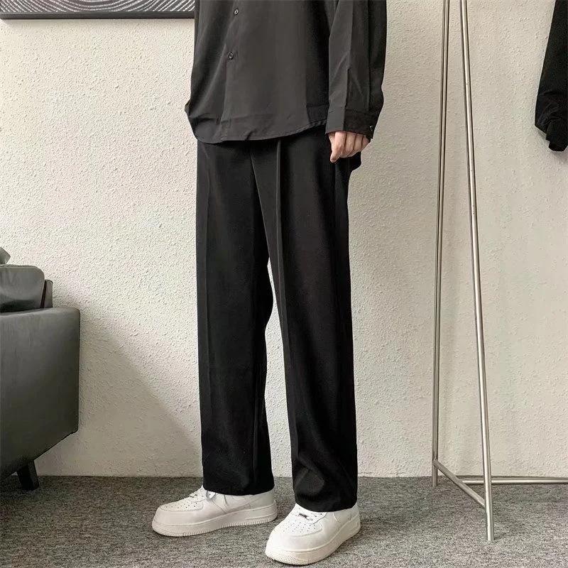 Pantalon de costume marron/noir pour hommes, société de mode, pantalon habillé coréen, ample, droit,