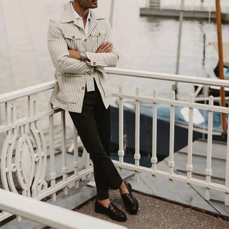 Printemps vêtements hommes léger luxe à manches longues rayé poche chemise décontracté Streetwear ch