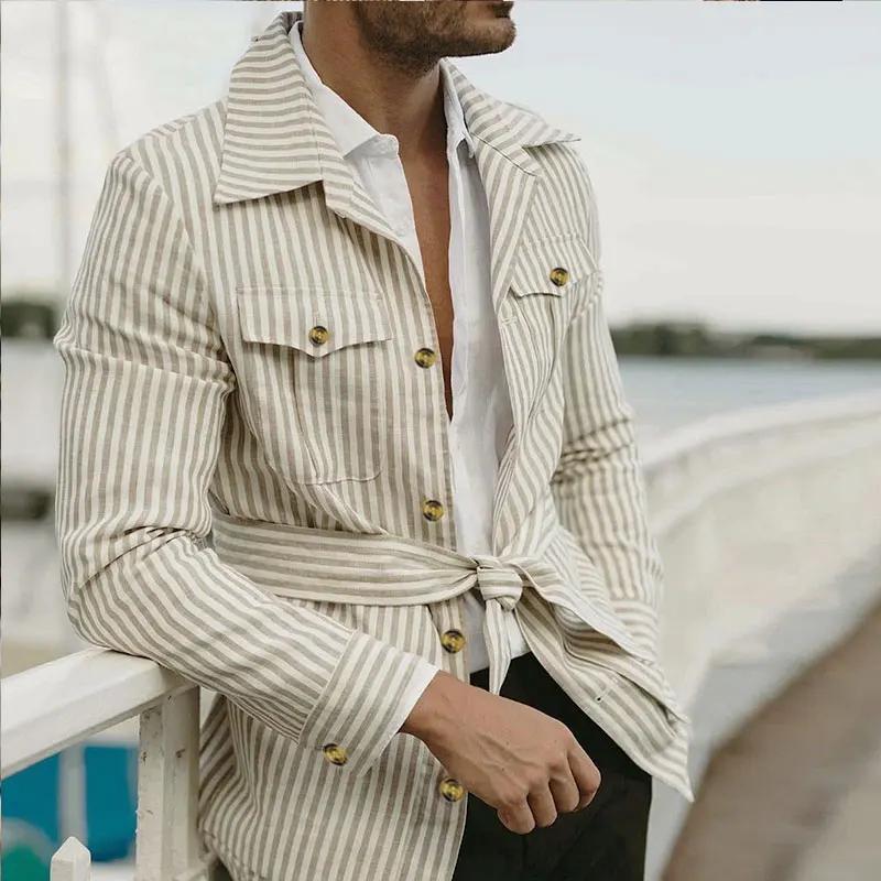 Printemps vêtements hommes léger luxe à manches longues rayé poche chemise décontracté Streetwear ch
