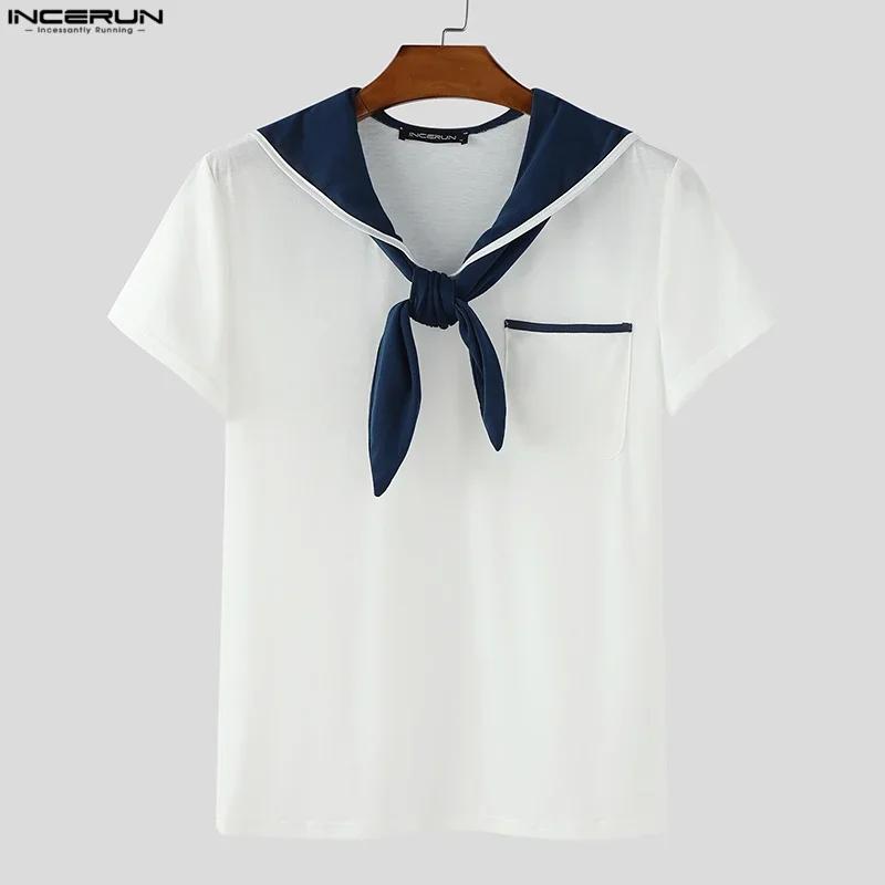 INCERUN hommes t-shirt Patchwork été col marine à manches courtes hommes t-shirt hauts Streetwear 20