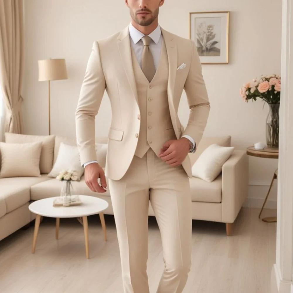 Smoking à simple boutonnage pour hommes, costume beige 3 pièces, revers cranté, marié de mariage, ch