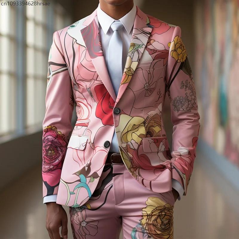 Costumes décontractés pour hommes, manteau et pantalon, impression numérique, Costume exquis à fleur