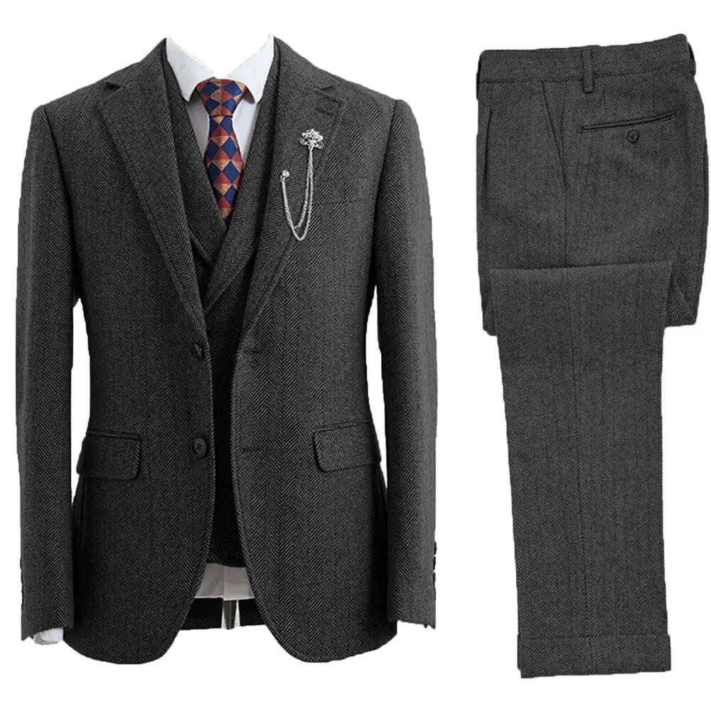 Tuxedos croisés à chevrons en tweed trempé pour hommes, vêtements de mariage, 3 pièces, taille