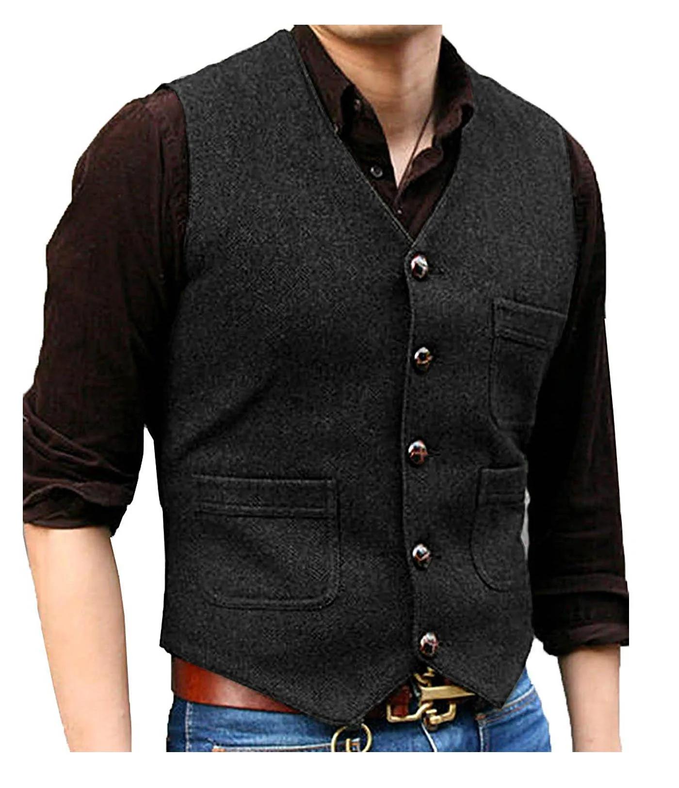 Costume formel pour hommes, col en V, laine à chevrons Tweed, gilet décontracté, gilet d'affaires fo