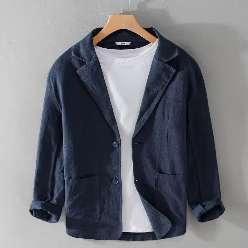 Blazer en coton et lin pour homme, léger, respirant, sans doublure, fin, décontracté, veste de costu