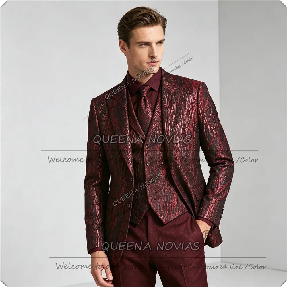 Costumes de mariage exclusifs pour homme, veste à motif floral, gilet, pantalon, ensemble 3 pièces, 
