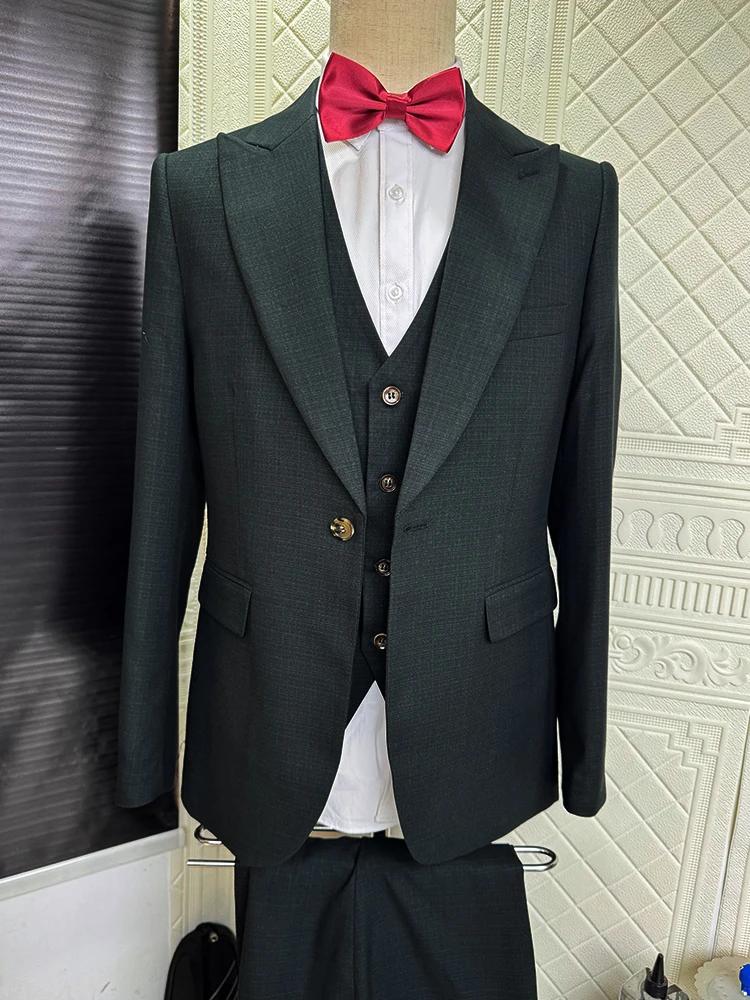 Nouveau costume homme vert foncé slim fit à un bouton, 3 pièces : veste, gilet et pantalon, idéal po