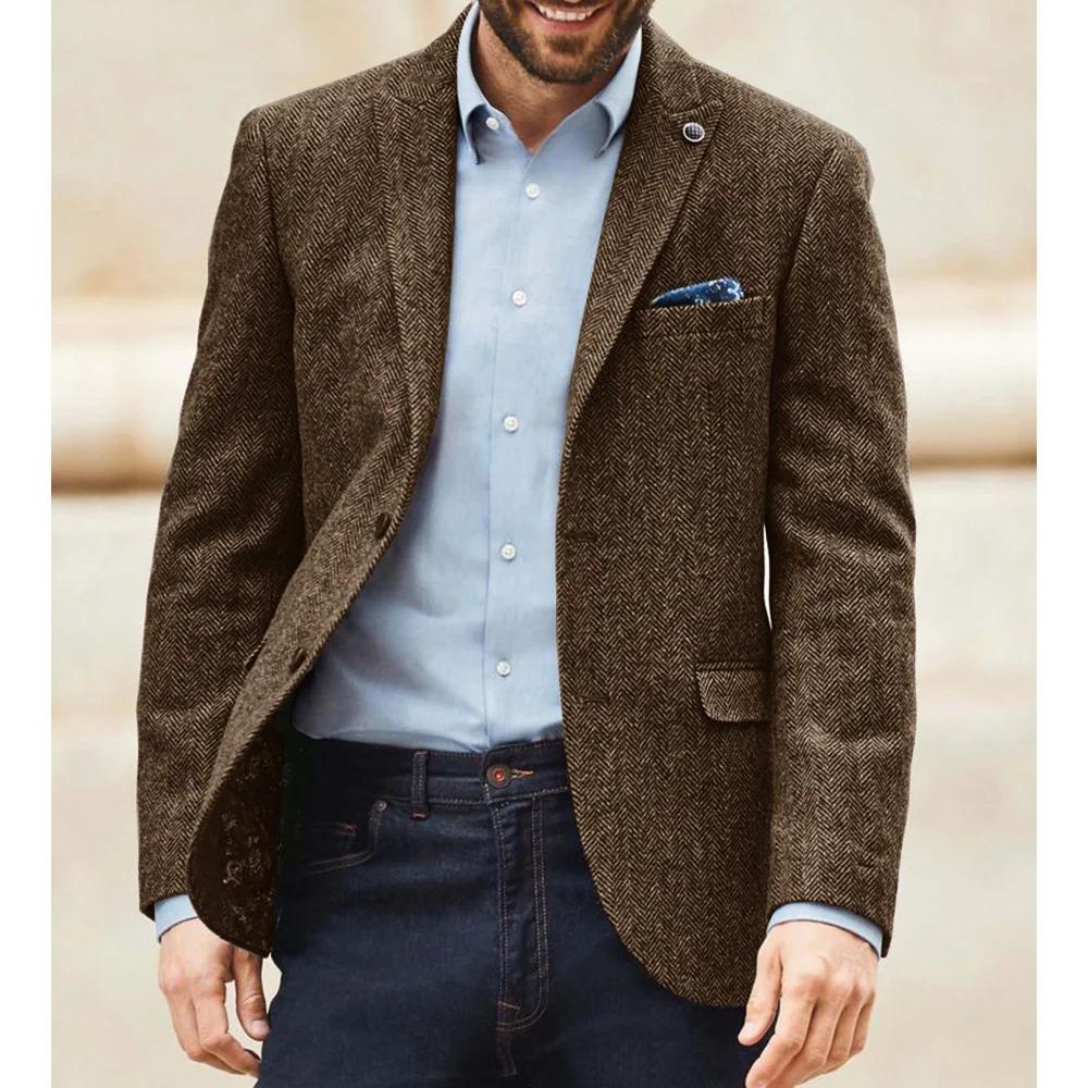 Blazer de costume en tweed à chevrons pour homme, col à revers classique, veste habillée élégante, c