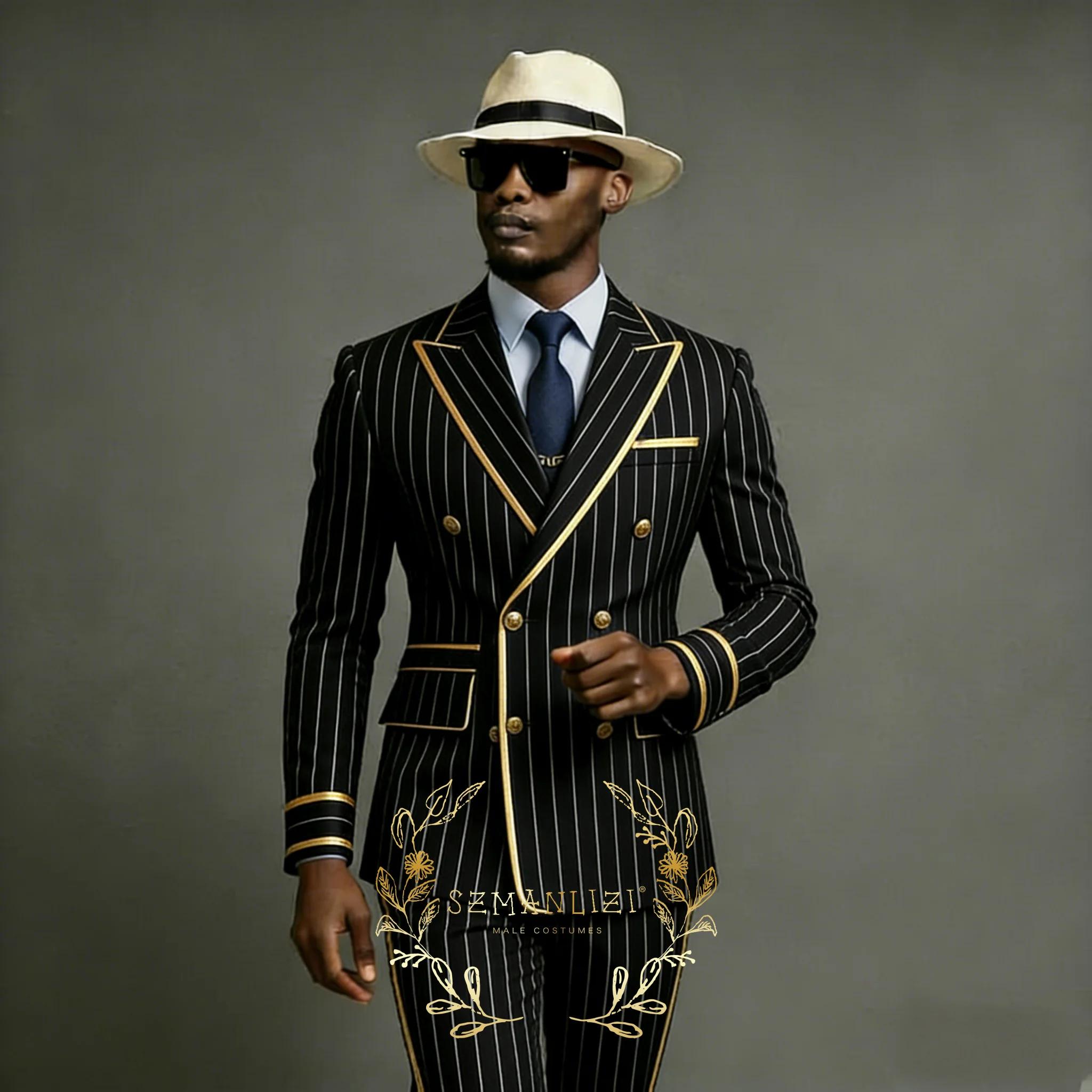 Costume de luxe pour homme, veste noire rayée à double boutonnage, pantalon, smoking formel pour mar