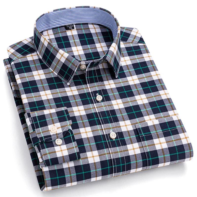 Chemises sociales pour hommes à manches longues 100% pur coton Oxford boutonné Plaid formel mâle vêt