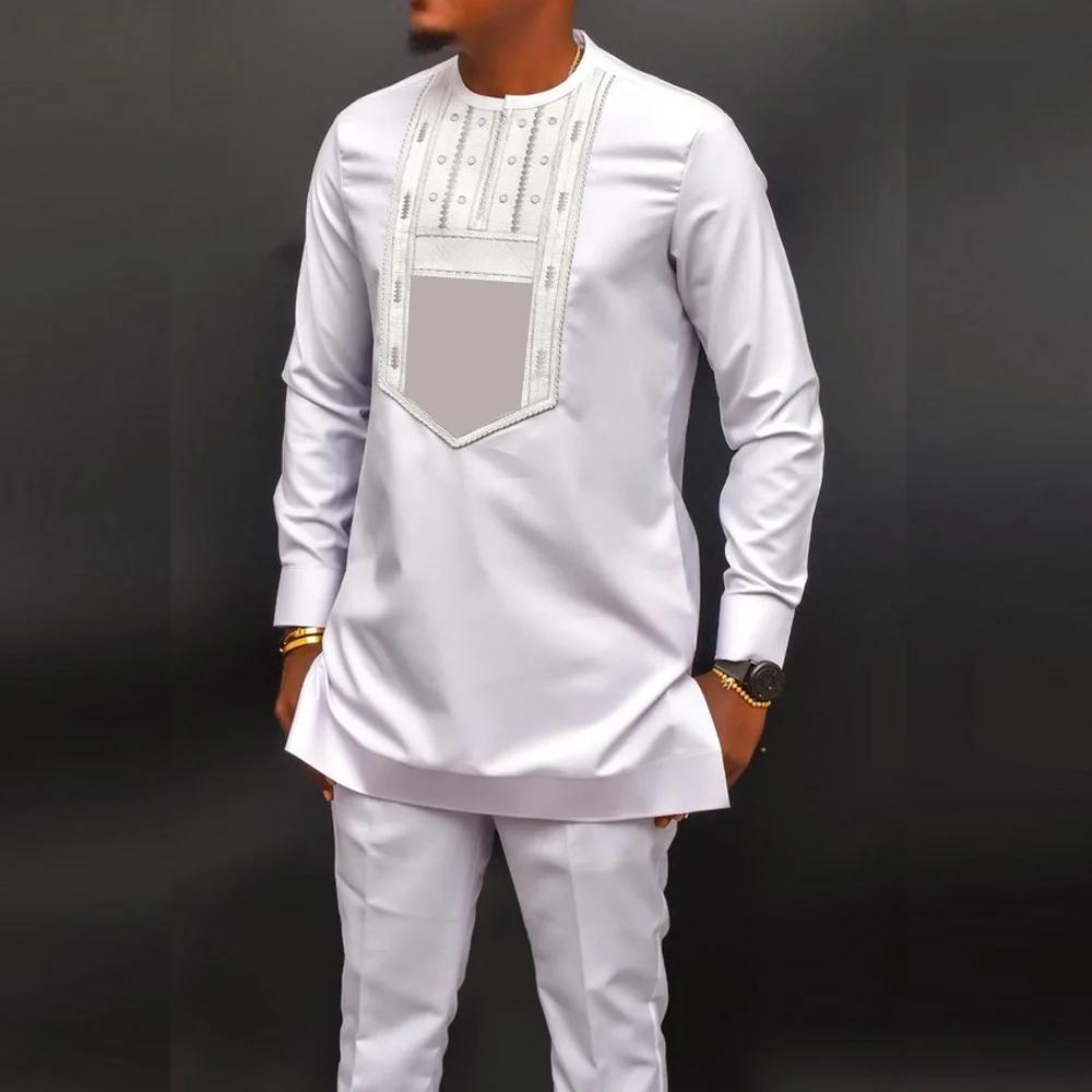 Tenue de Mariage pour Homme, Haut et Pantalon Brodés Blancs, Tenue Décontractée Traditionnelle Afric