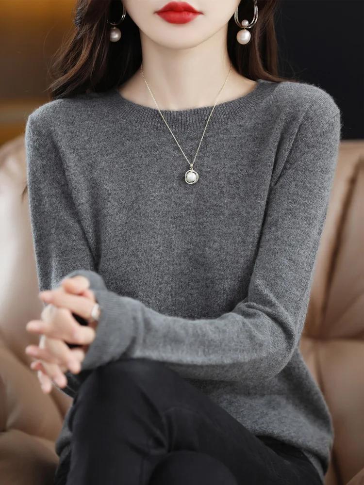 Mode 100% laine mérinos pull élégant cachemire pull femmes col rond à manches longues tricots vêteme