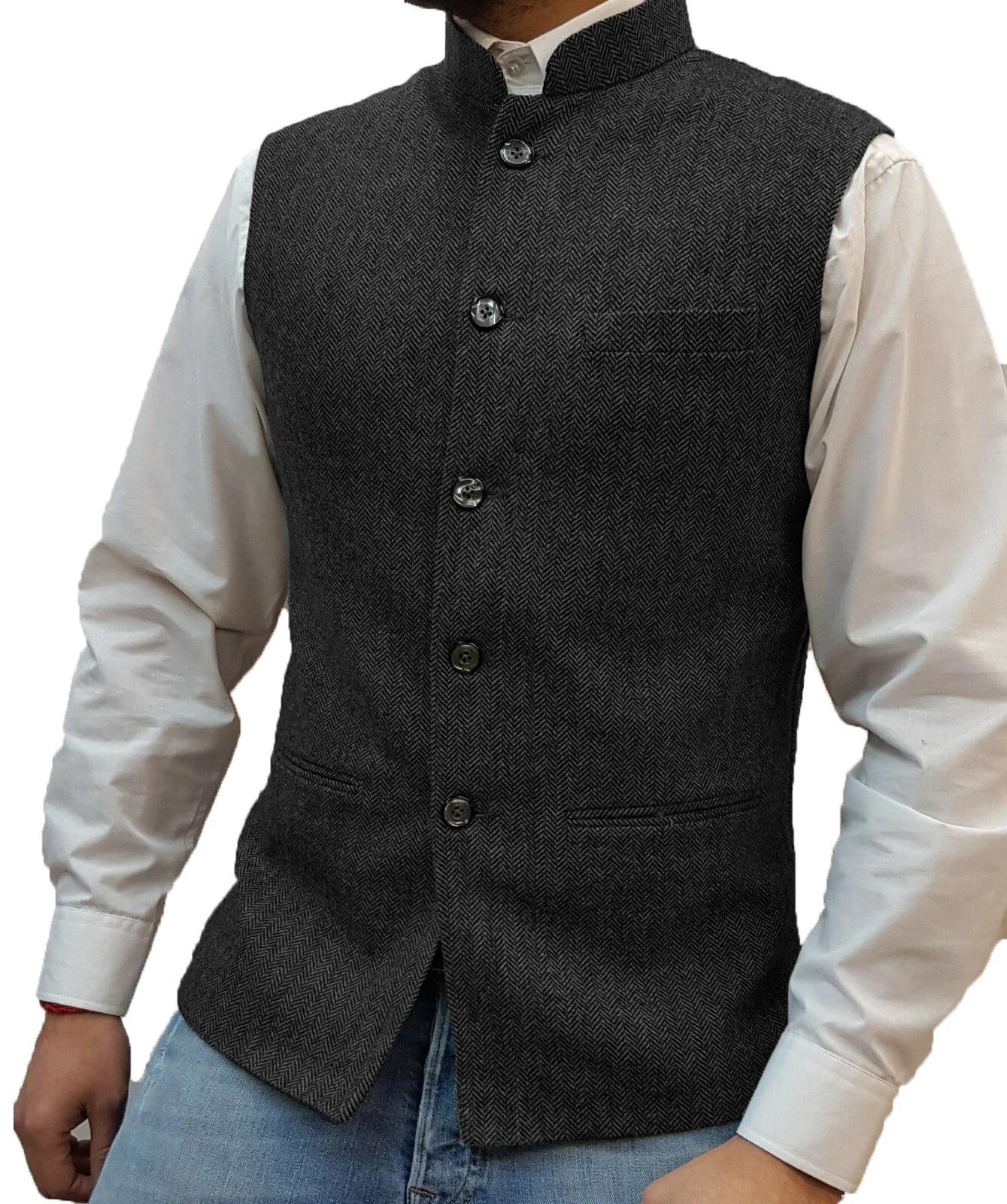 Gilet de costume élégant pour homme, sans manches, col montant, boutonné, coupe ajustée, motif chevr