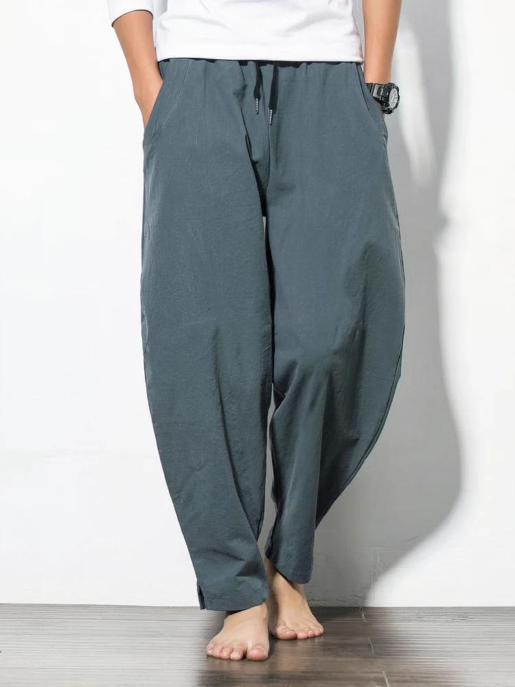 Coton lin survêtement pantalon hommes Baggy pantalon décontracté mâle marche jambe large lâche coton