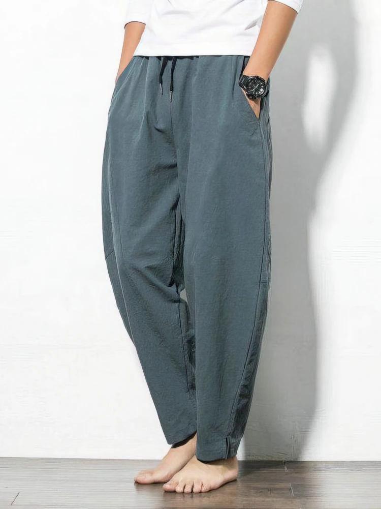 Coton lin survêtement pantalon hommes Baggy pantalon décontracté mâle marche jambe large lâche coton