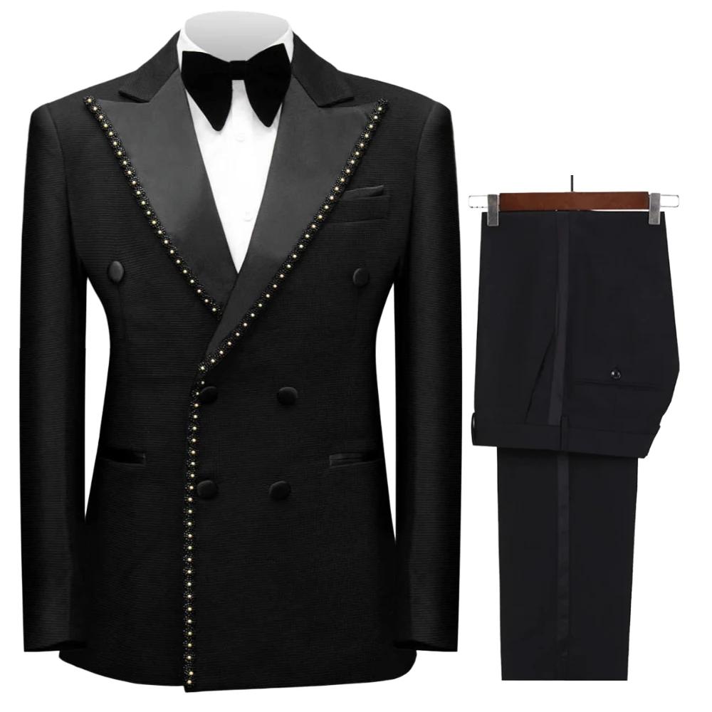 Costume de cérémonie croisé perlé pour homme, 2 pièces, smoking de marié sur mesure, ensemble veste 