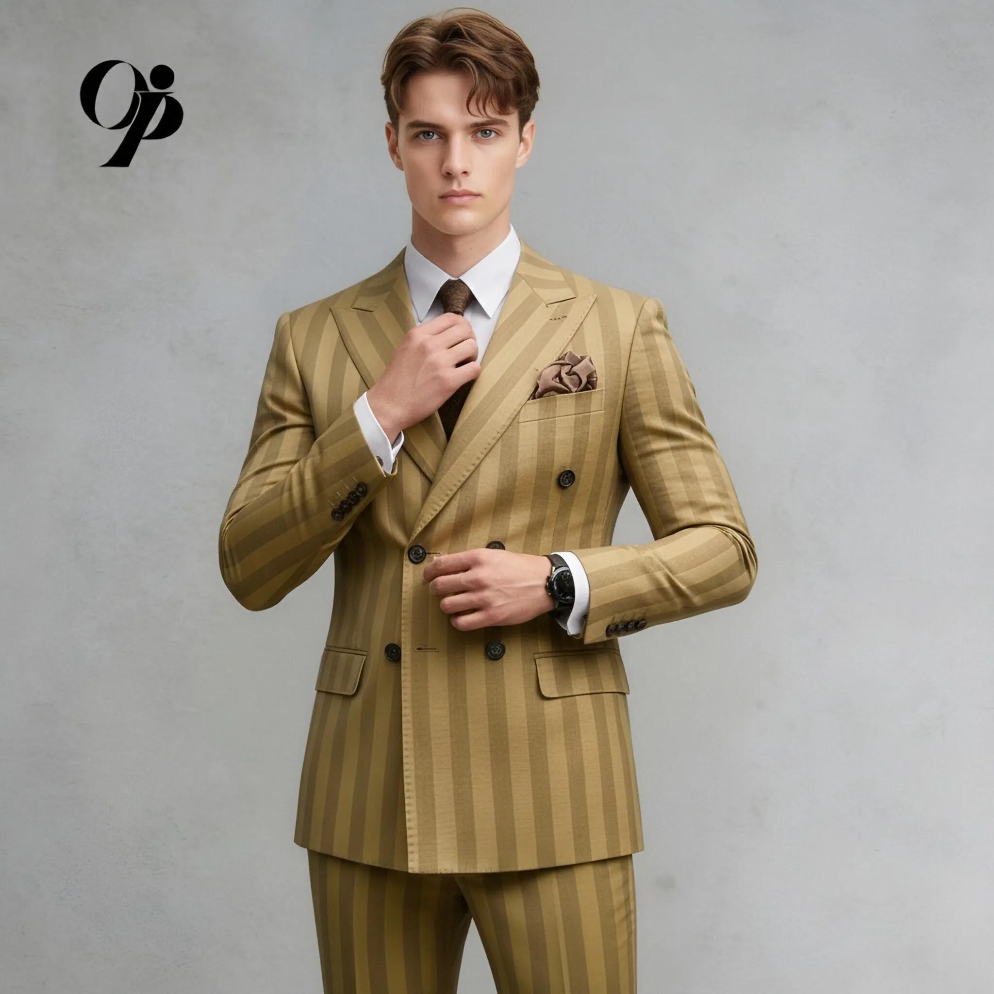Costume de marié doré pour mariage, coupe ajustée, à rayures, double boutonnage, veste et pantalon, 