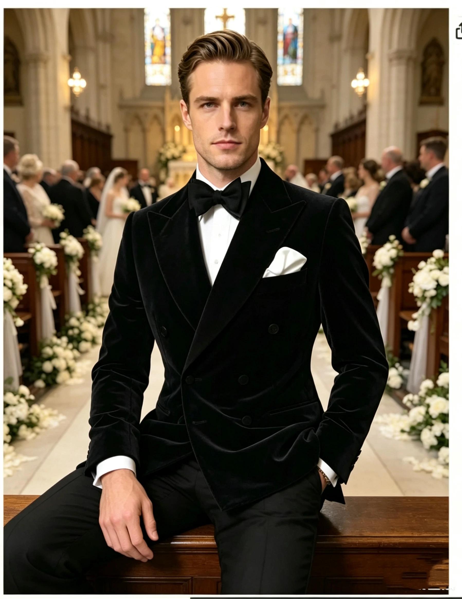 Veste de smoking en velours noir pour homme, croisée, à revers pointus, coupe ajustée, blazer de cos