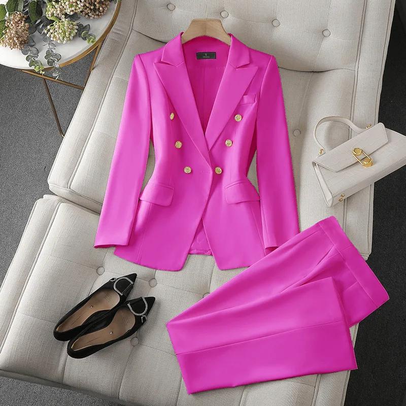 Ensemble 2 pièces de mode coréenne : Blazer à col rabattu et pantalon slim à manches longues pour fe