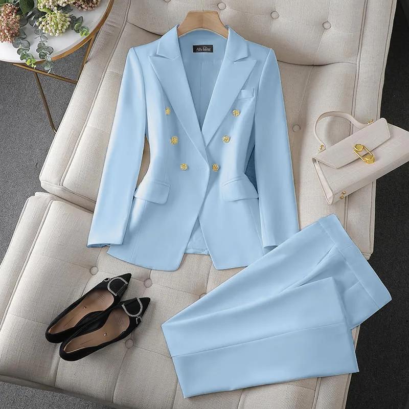 Ensemble 2 pièces de mode coréenne : Blazer à col rabattu et pantalon slim à manches longues pour fe