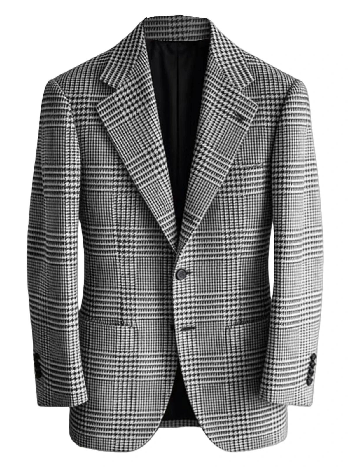 Blazer Homme Slim Fit en Mélange de Laine à Carreaux Pied-de-Poule, Veste Décontractée à Deux Bouton