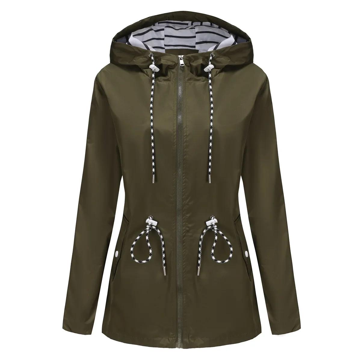 Veste à capuche imperméable bleue pour femmes, manteau décontracté à la mode, cordon de serrage à la