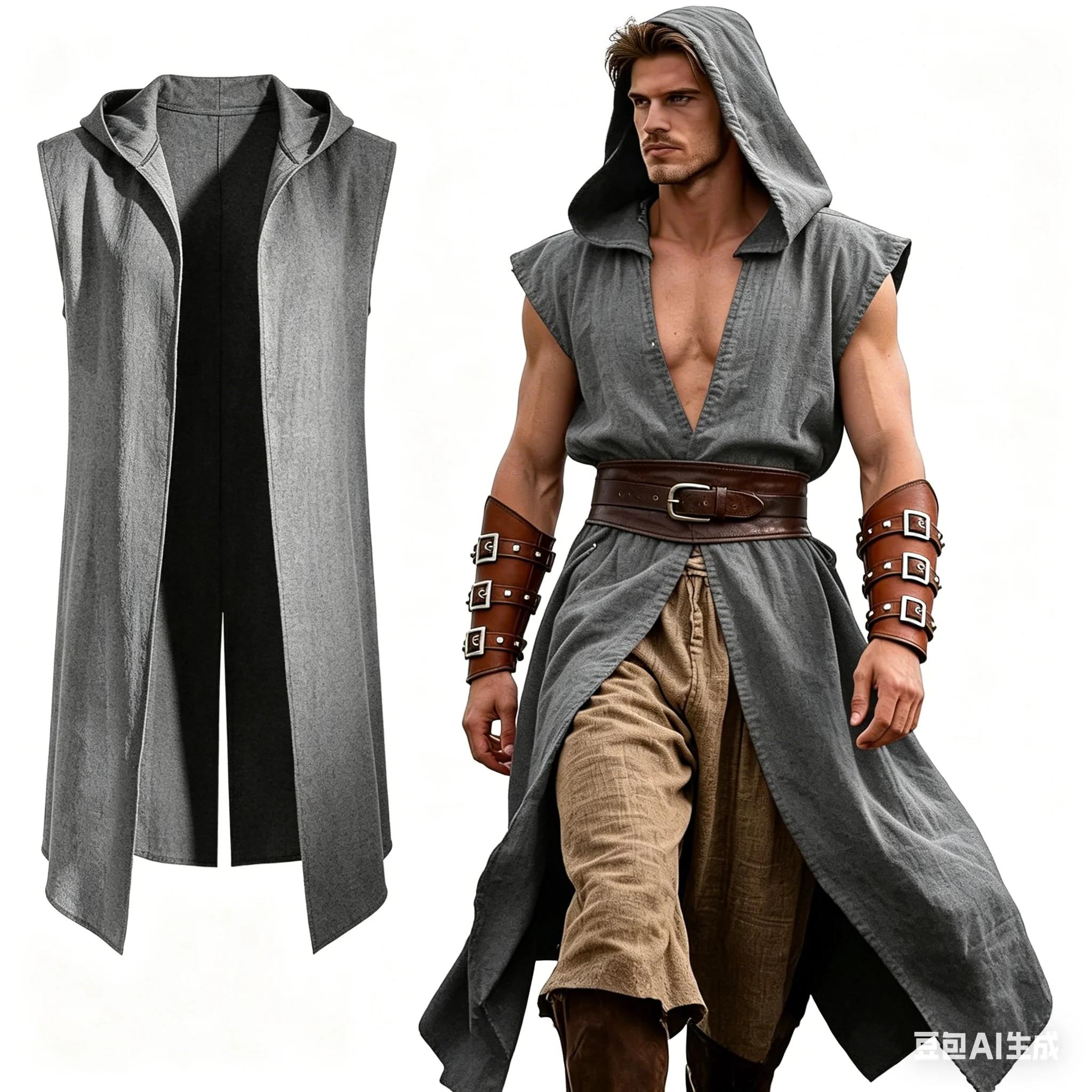 Costume médiéval pour homme, surchemise sans manches à capuche de Viking, cape de costume Renaissanc