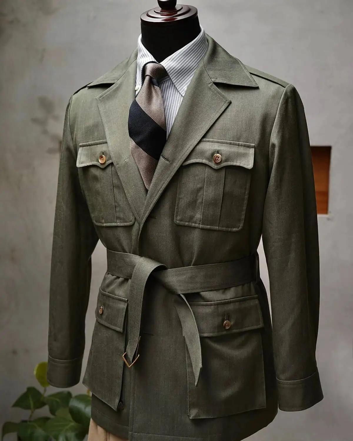 Blazer de costume vert pour homme, col à revers, style militaire, simple boutonnage, avec boucle, po