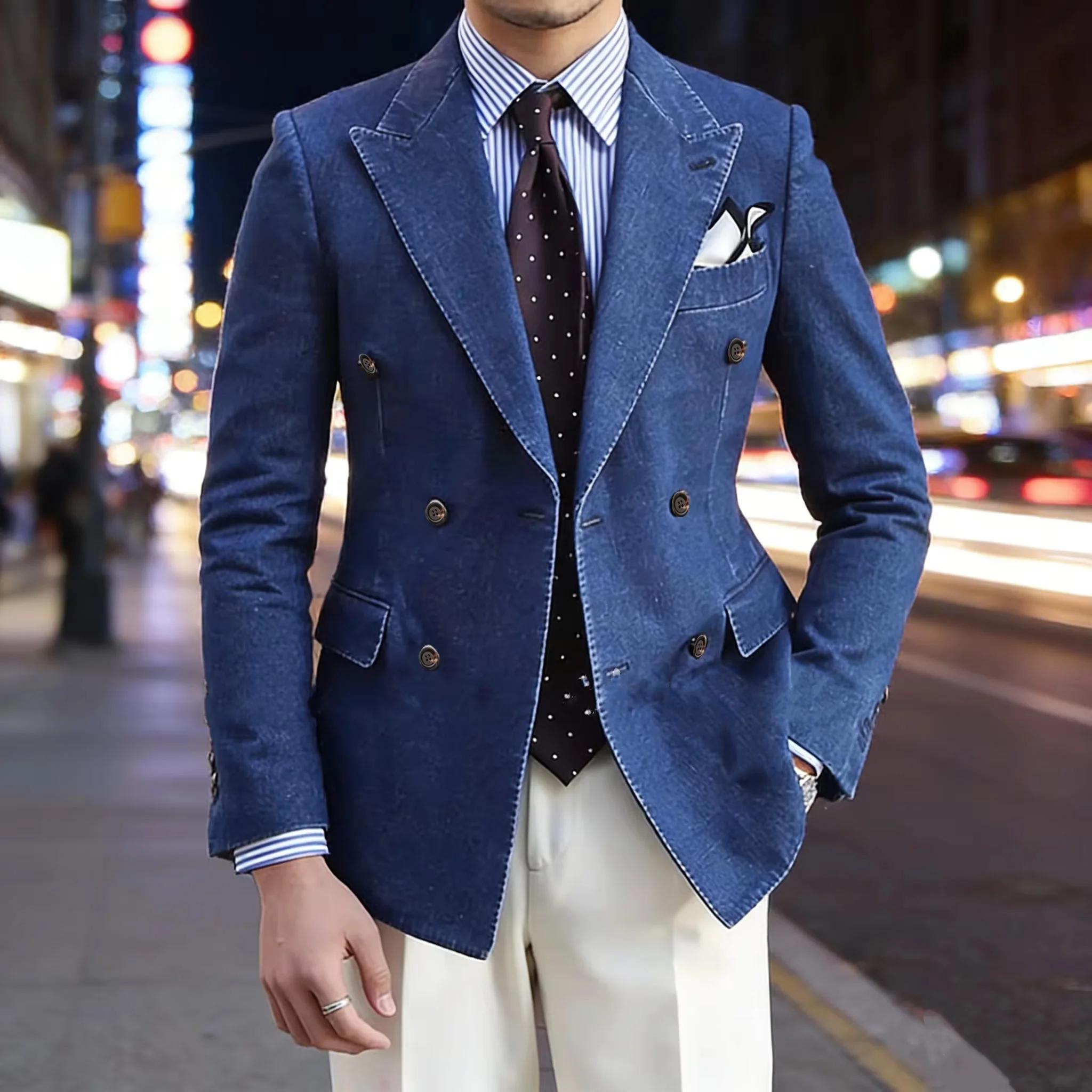 Blazer en jean rétro pour homme, bleu marine, de luxe, croisé, à revers pointus, coupe ajustée, vest