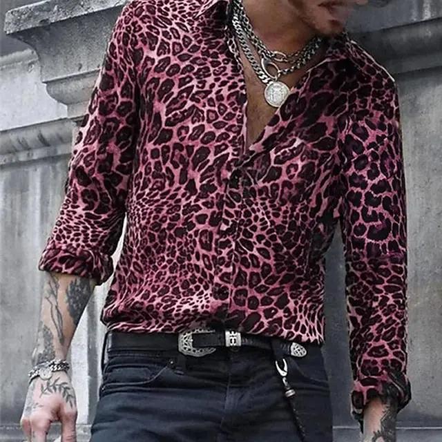 Chemise à manches longues pour hommes, motif imprimé léopard, bouton à revers, imprimé en 3D, décont