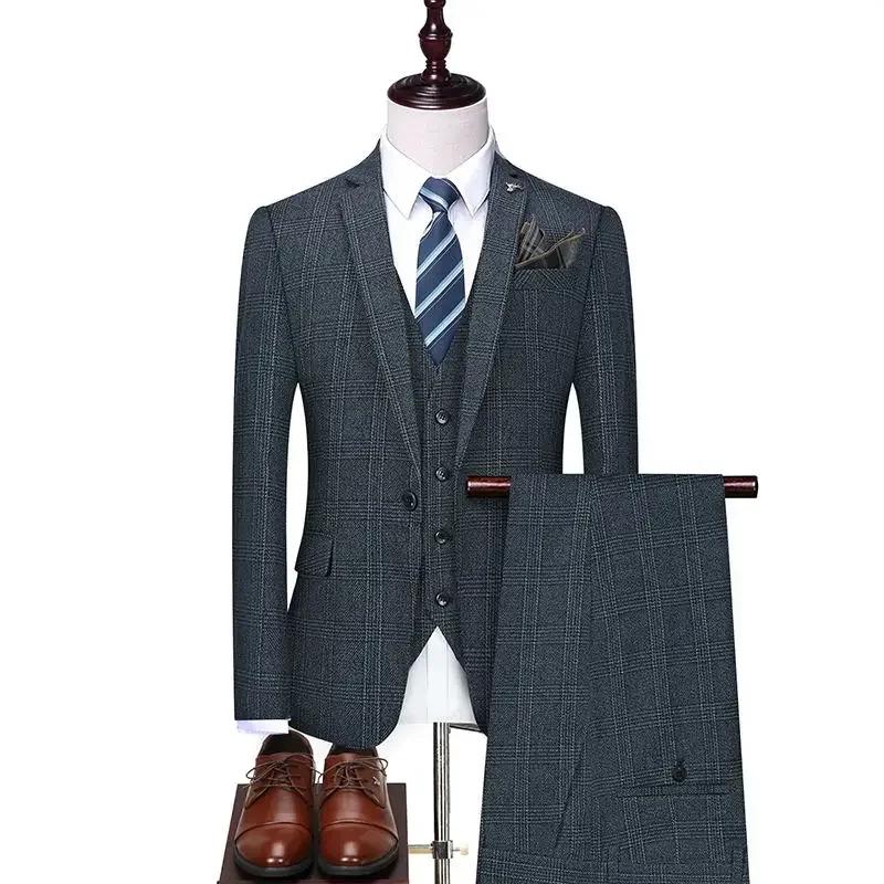 Costume en lin (Blazer + Gilet + Pantalon) pour homme – Style britannique, élégant, pour le travail,