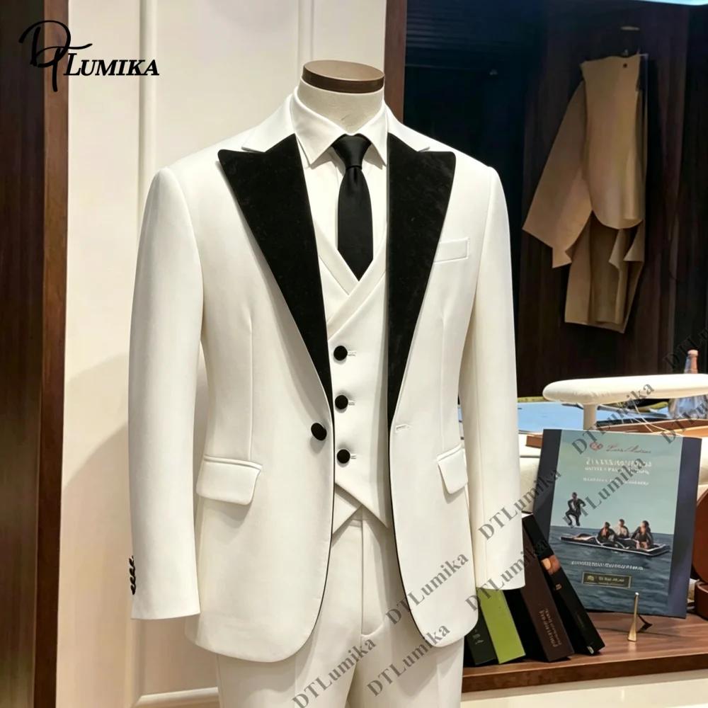 Costume de mariage DTLumika pour le marié, ensemble 3 pièces blanc avec col en velours noir, smoking