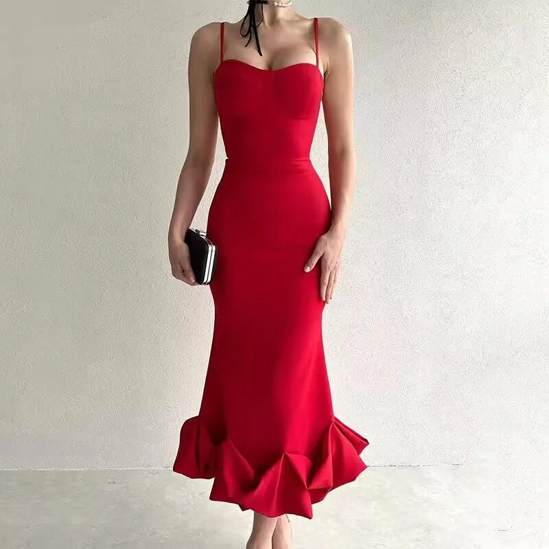 Robe mi-longue Sexy sans manches, dos nu, mode d'été, moulante, élégante, à volants, pour fête d'ann