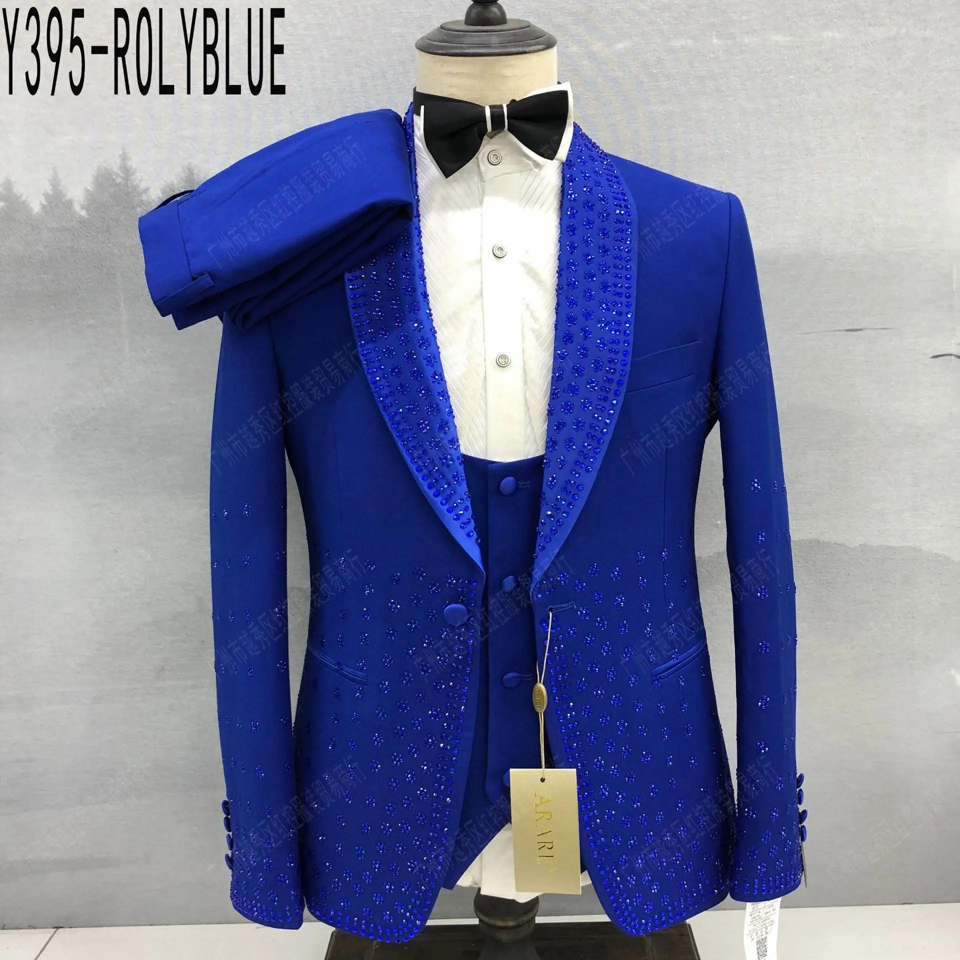 Ensemble de costumes de luxe brillants pour hommes, 3 pièces, Blazer élégant, gilet, pantalon, tenue