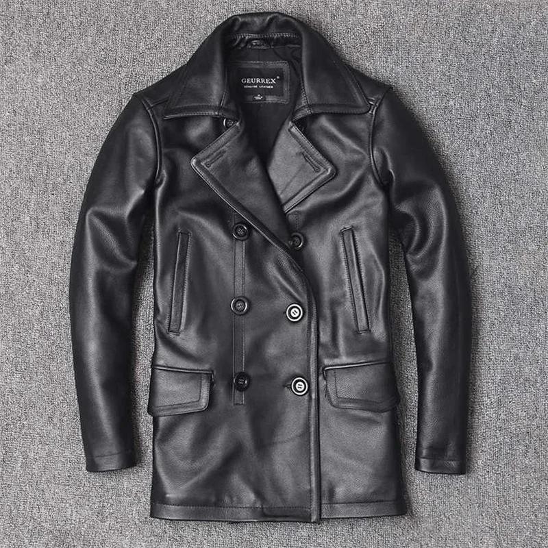 Veste en cuir véritable pour hommes, couche supérieure en peau de vache, coupe-vent mi-long à revers