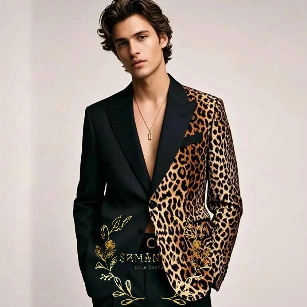 Costumes noirs à la mode pour hommes, imprimé léopard, revers à pointe, coupe cintrée, veste 2 pièce