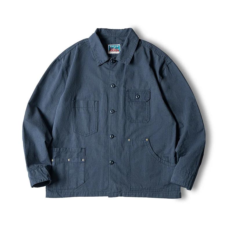 Maden Veste masculine bleu marine style veste de chasse Col rabattu asymétrique nombreux poches Mant
